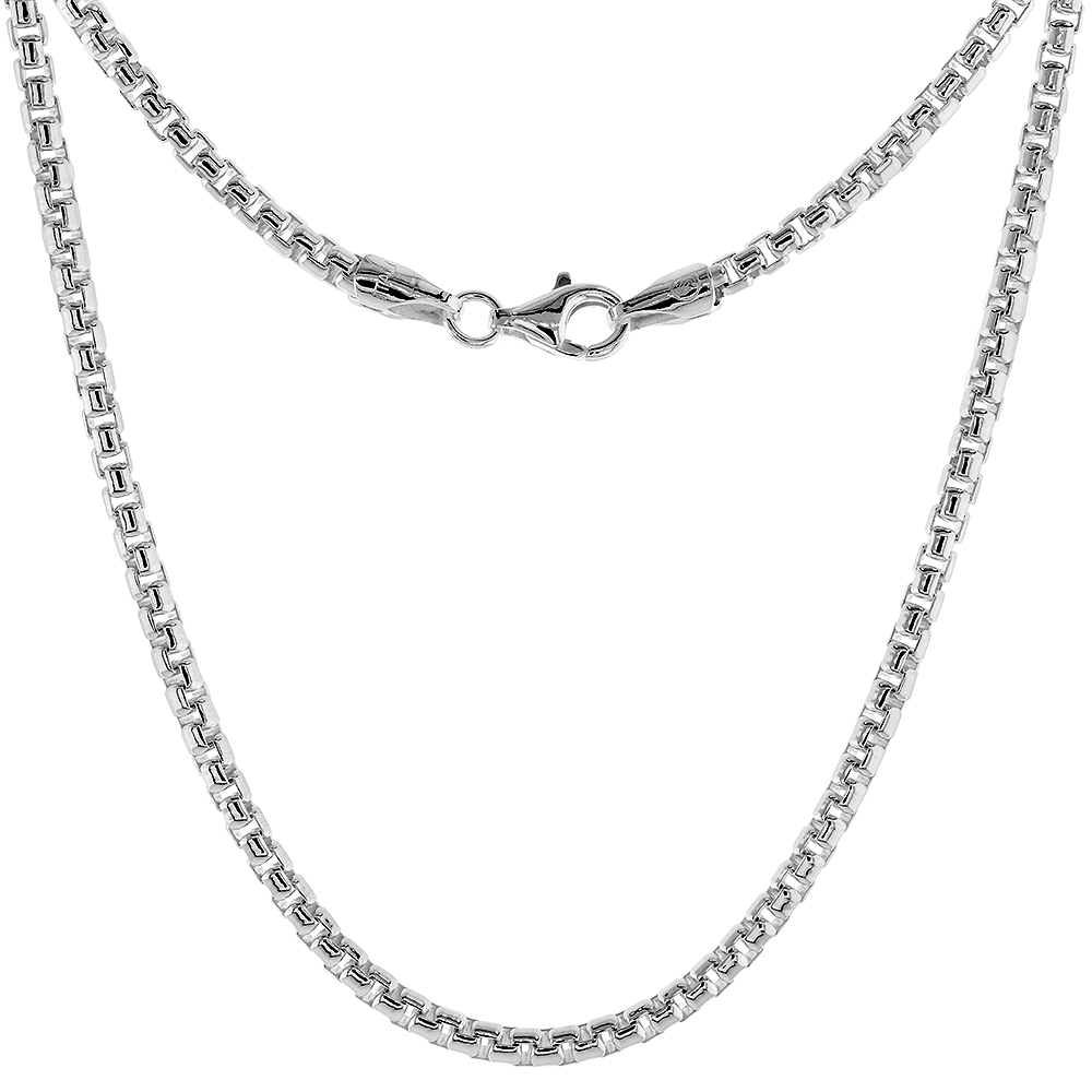 2.5MM STERLING SILVER ROUND BOX CHAIN NECKLACEFOR MEN AND WOMEN NICKEL FREE ITALY SIZES 16 - 30 INCH