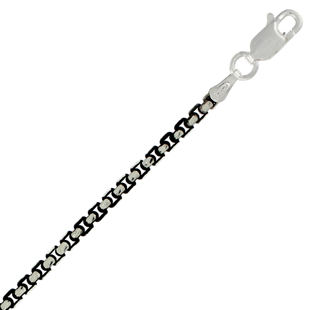 Sterling Silver ROUND BOX Chain Necklace 2.5mm Black 2-tone Diamond Cut Nickel Free Italy, 20 & 24 inch