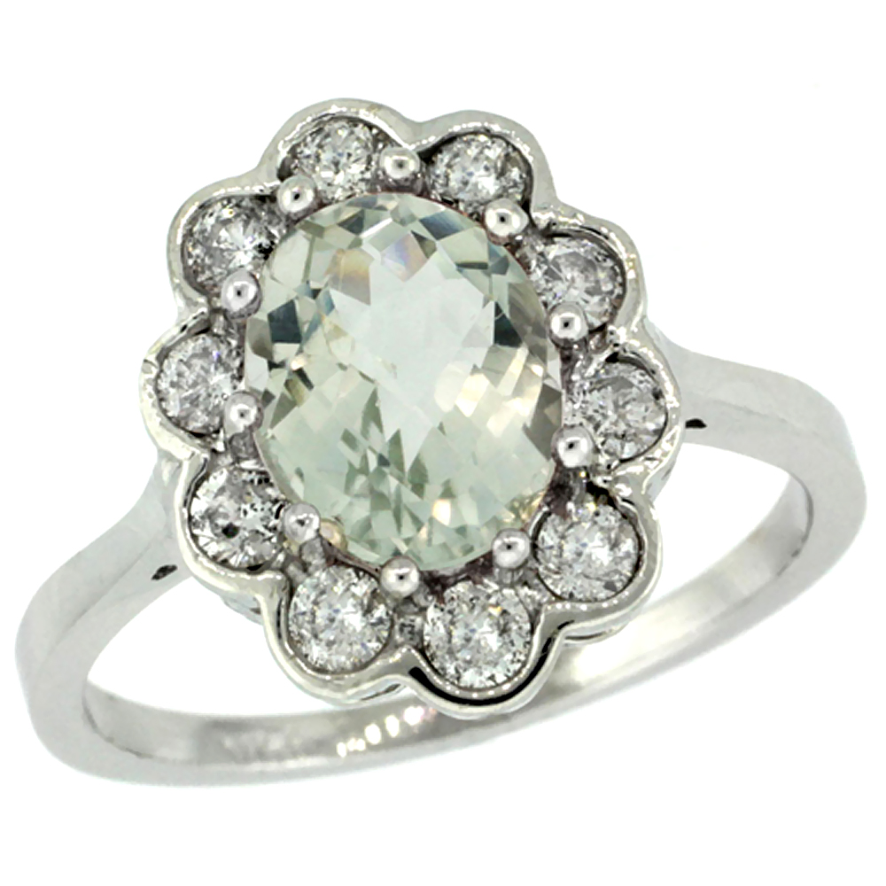 14K WHITE GOLD HALO GREEN AMETHYST ENGAGEMENT RING DIAMOND ACCENTS OVAL 9X7MM SIZES 5-10