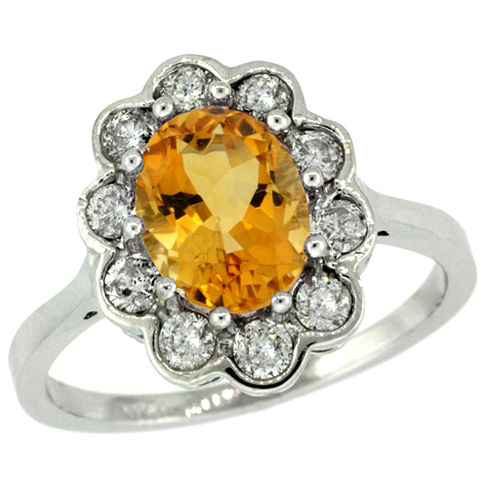 10K WHITE GOLD HALO ENGAGEMENT CITRINE ENGAGEMENT RING DIAMOND ACCENTS OVAL 9X7MM, SIZES 5 - 10