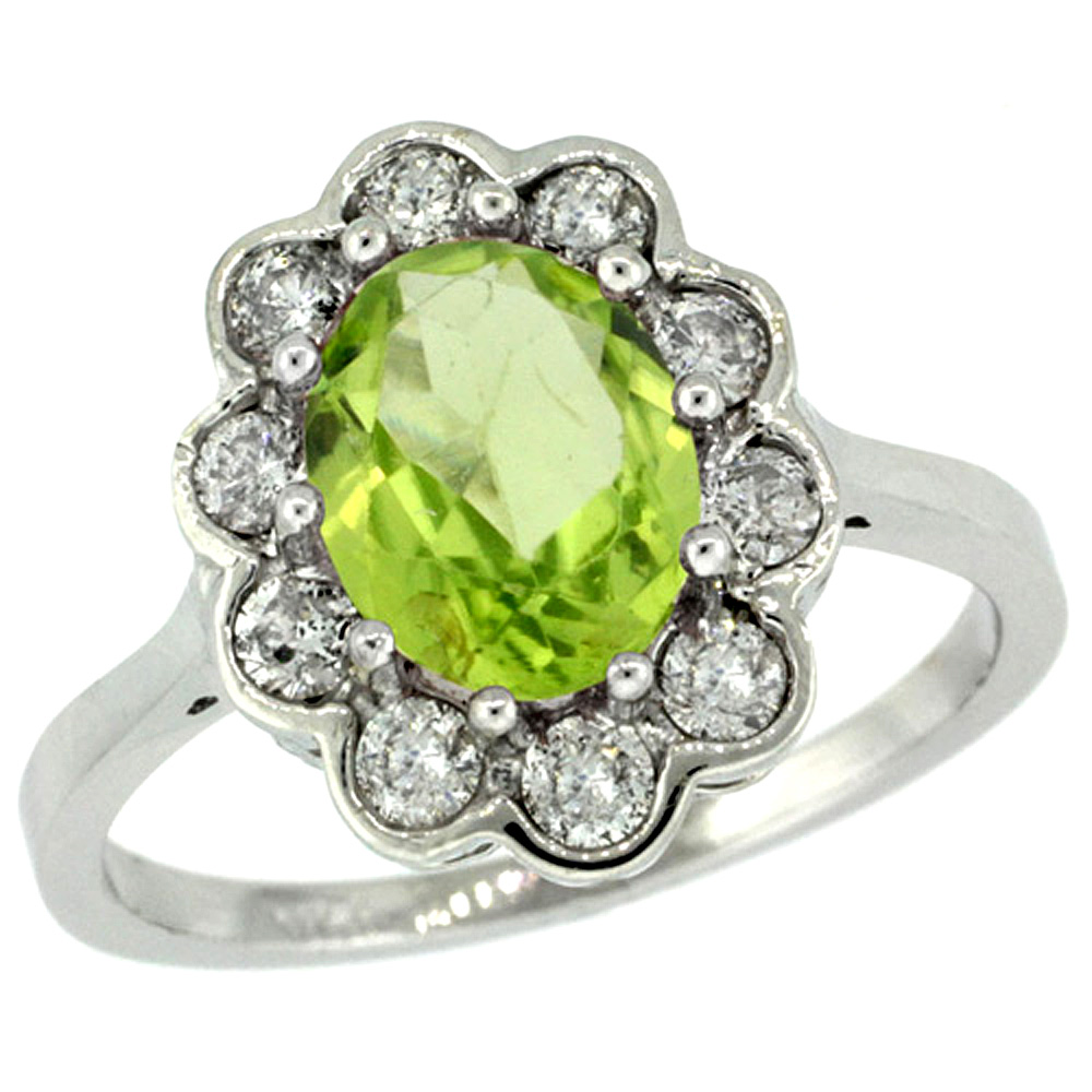 10K WHITE GOLD HALO ENGAGEMENT PERIDOT ENGAGEMENT RING DIAMOND ACCENTS OVAL 9X7MM, SIZES 5 - 10