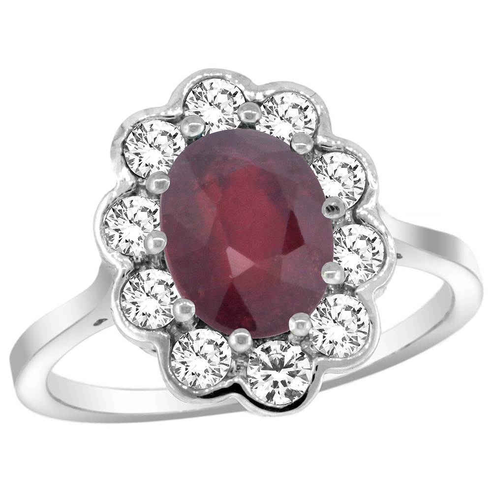 14K WHITE GOLD HALO ENHANCED RUBY ENGAGEMENT RING DIAMOND ACCENTS OVAL 9X7MM SIZES 5-10