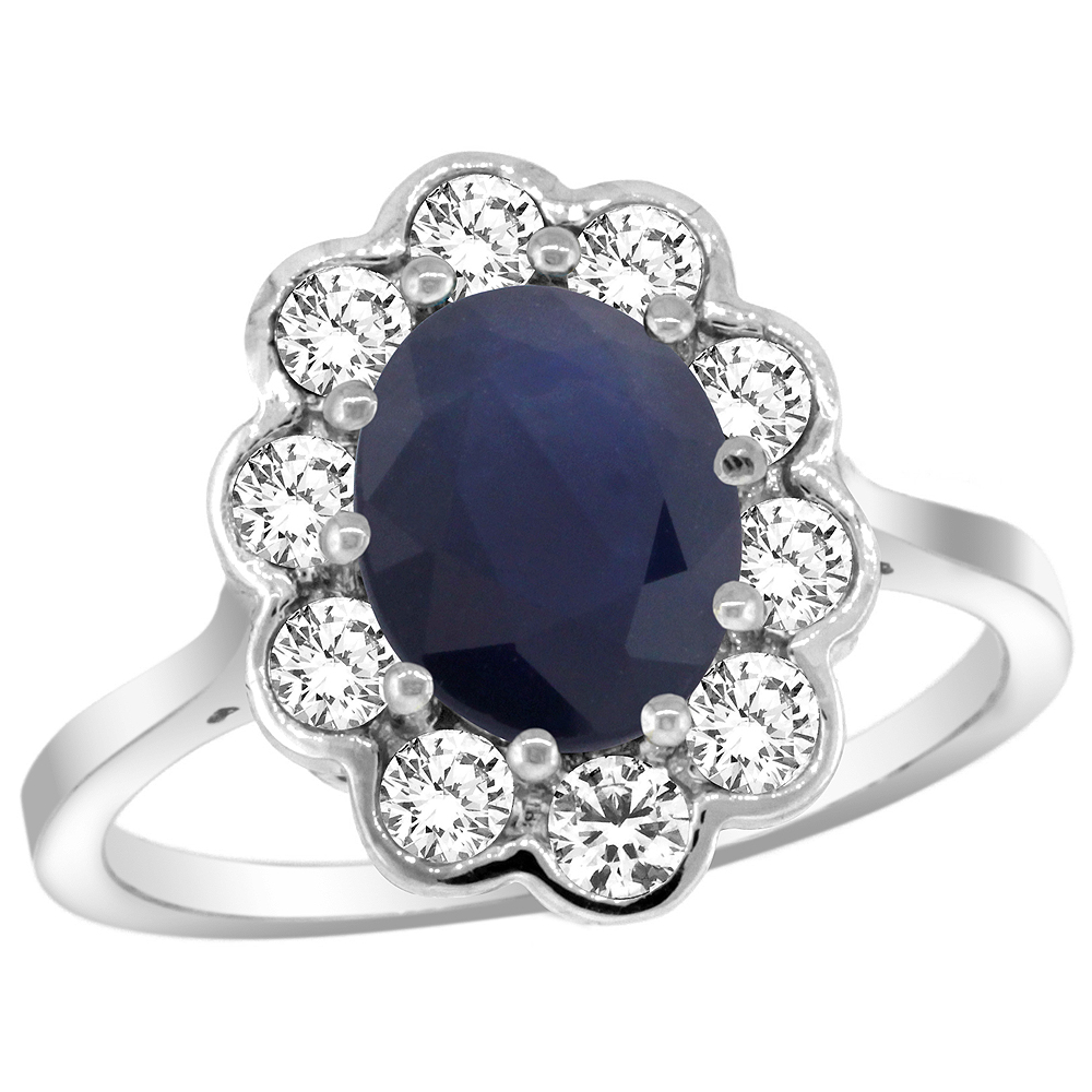 14K WHITE GOLD HALO BLUE SAPPHIRE ENGAGEMENT RING DIAMOND ACCENTS OVAL 9X7MM SIZES 5-10