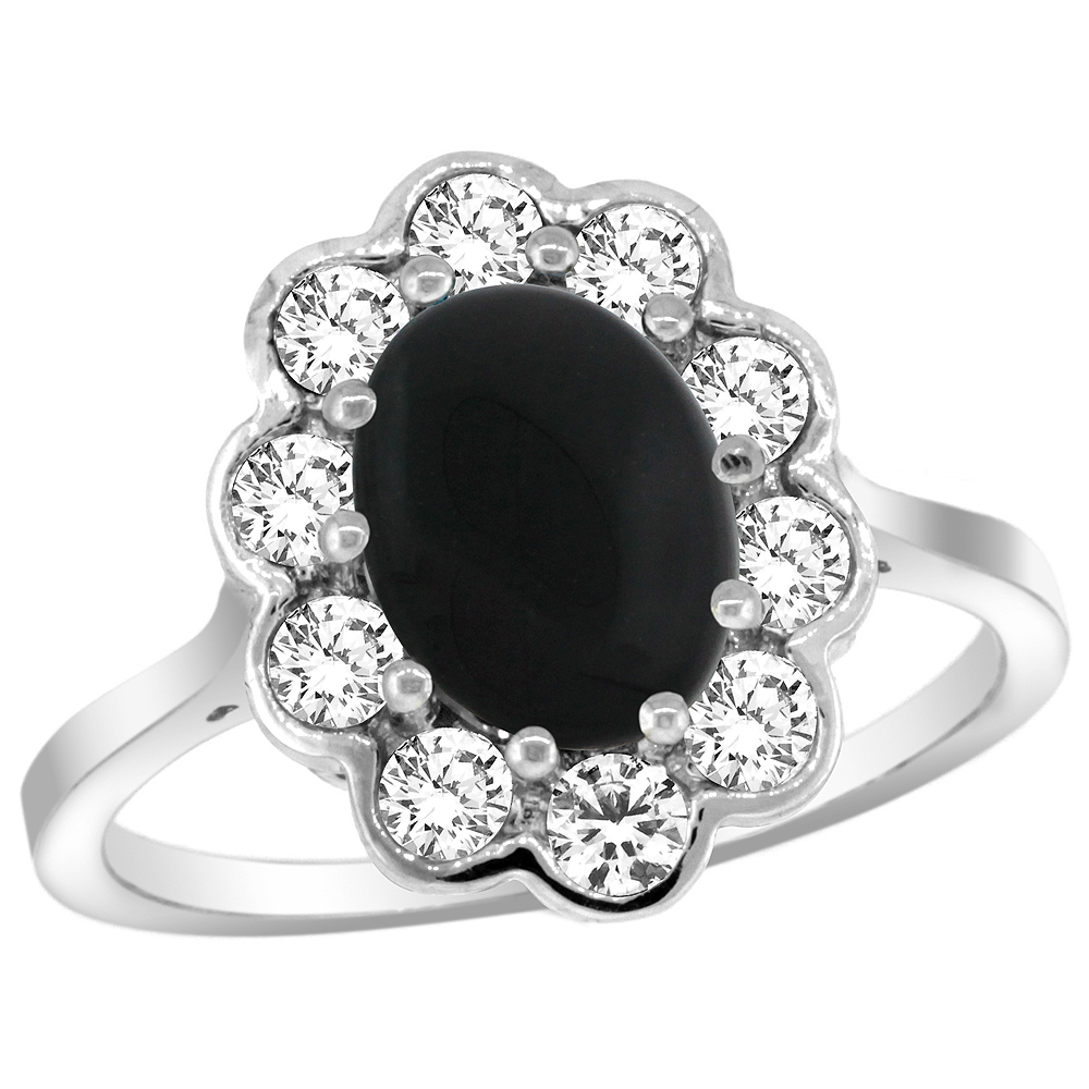 14k White Gold Halo Engagement Black Onyx Engagement Ring Diamond Accents Oval 9x7mm, sizes 5 - 10 