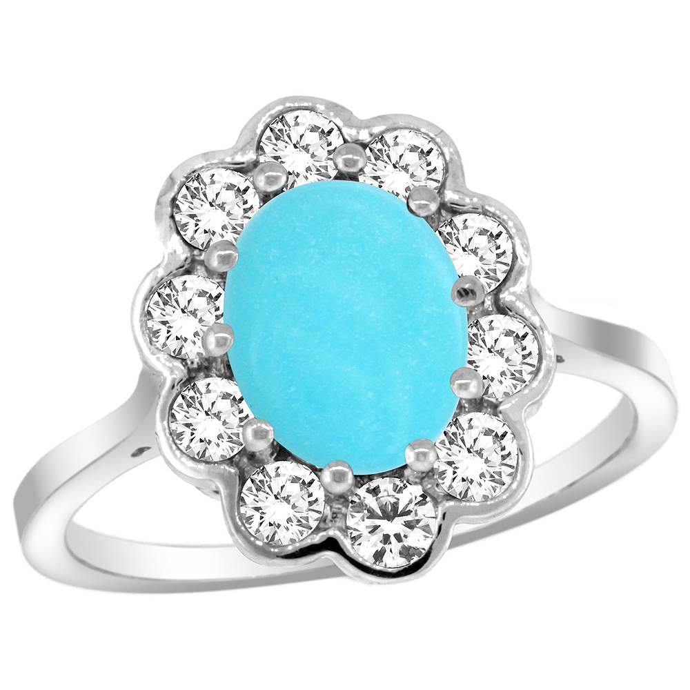 14k White Gold Halo Engagement Turquoise Engagement Ring Diamond Accents Oval 9x7mm, sizes 5 - 10 