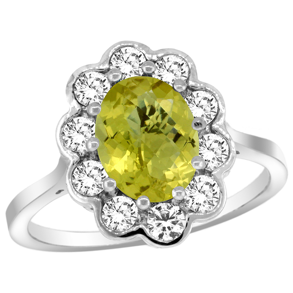 14k White Gold Halo Engagement Lemon Quartz Engagement Ring Diamond Accents Oval 9x7mm, sizes 5 - 10 