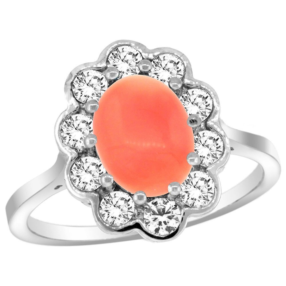 14k White Gold Halo Engagement Coral Engagement Ring Diamond Accents Oval 9x7mm, sizes 5 - 10 