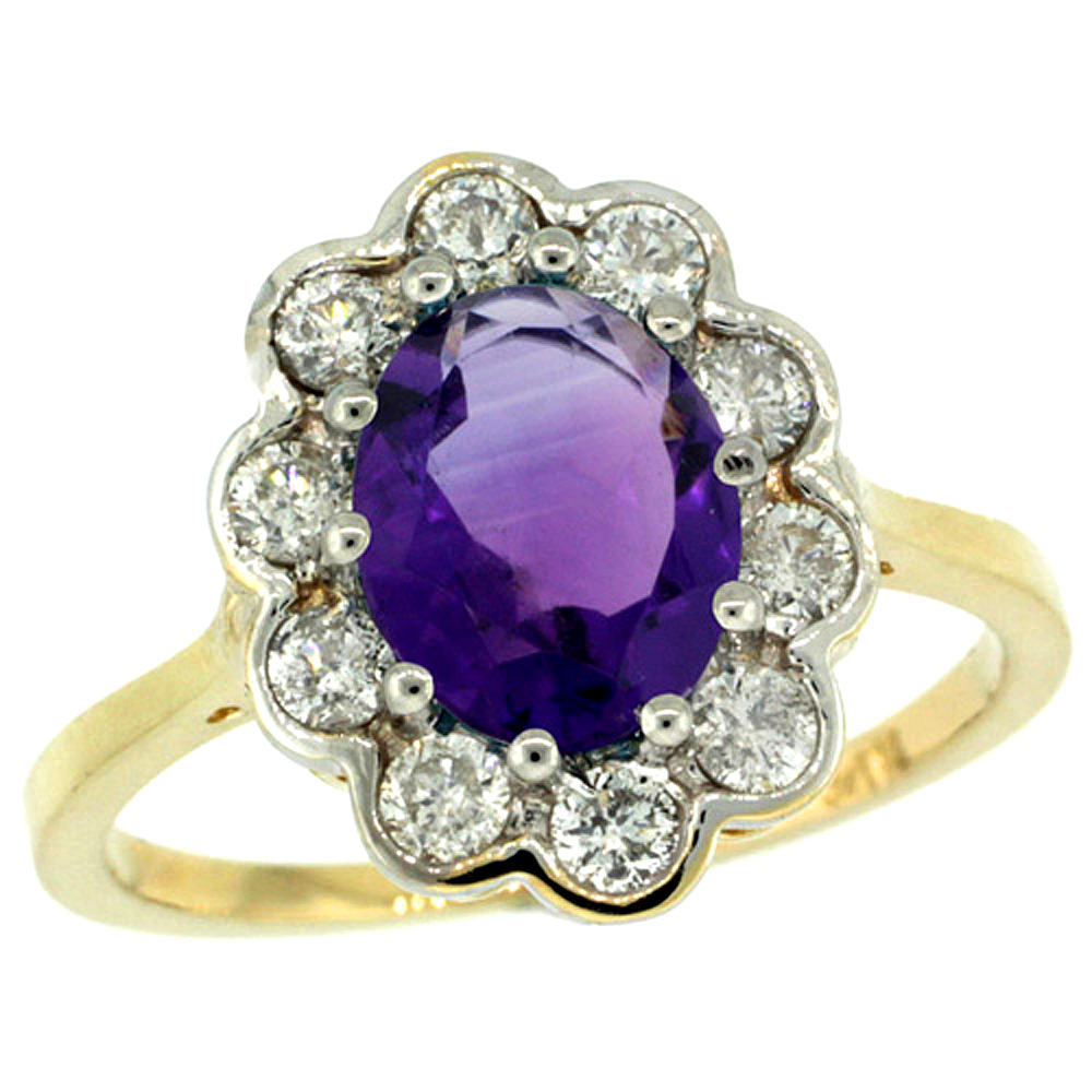 14K YELLOW GOLD HALO AMETHYST ENGAGEMENT RING DIAMOND ACCENTS OVAL 9X7MM SIZES 5-10
