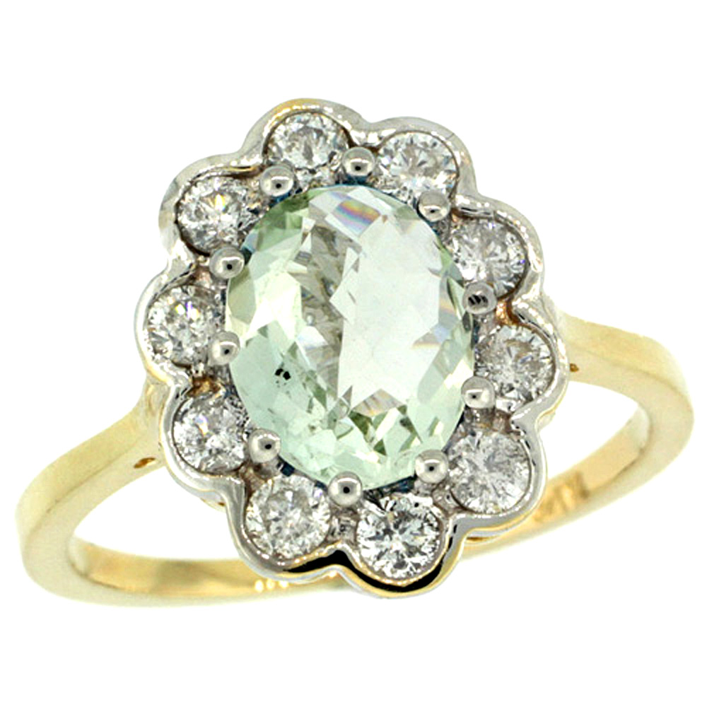 14K YELLOW GOLD HALO GREEN AMETHYST ENGAGEMENT RING DIAMOND ACCENTS OVAL 9X7MM SIZES 5-10