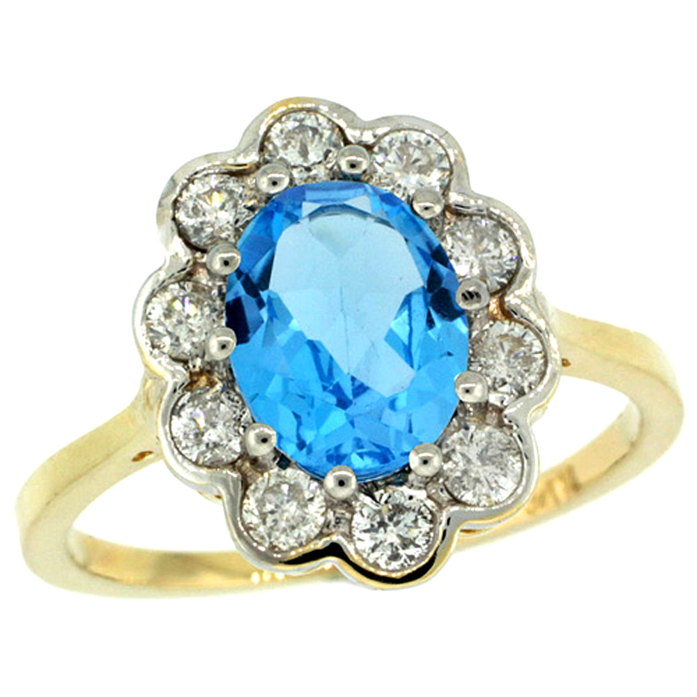 14K YELLOW GOLD HALO SWISS BLUE TOPAZ ENGAGEMENT RING DIAMOND ACCENTS OVAL 9X7MM SIZES 5-10