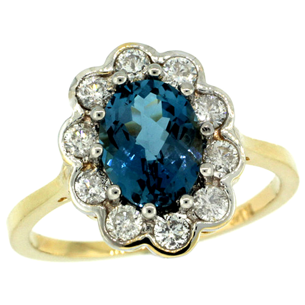 14K YELLOW GOLD HALO LONDON BLUE TOPAZ ENGAGEMENT RING DIAMOND ACCENTS OVAL 9X7MM SIZES 5-10