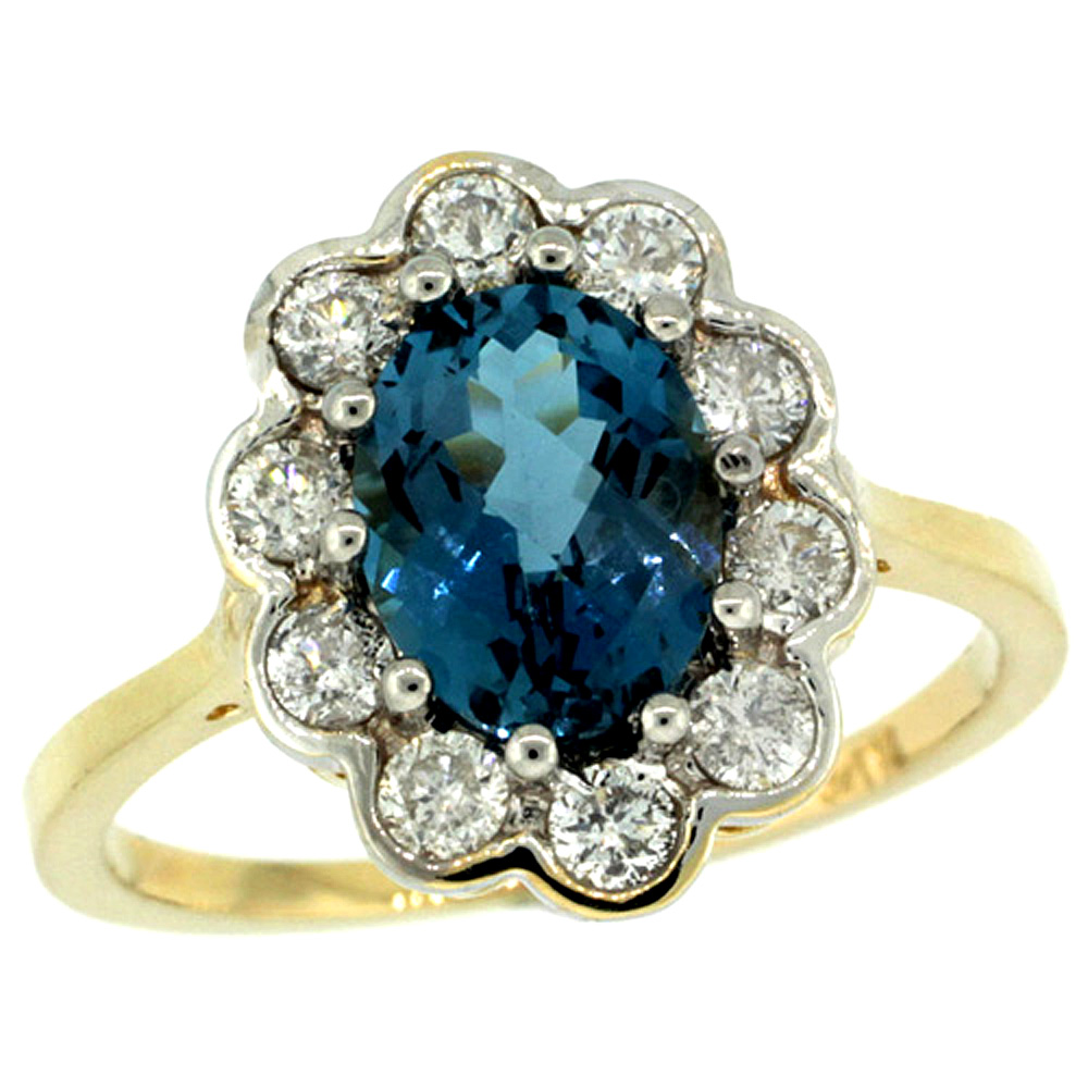sizes 5 to 10 10K Yellow Gold Natural London Blue Topaz Ring Oval 9x7 mm Blue Sapphire Accent 