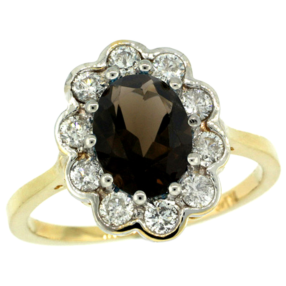 14K YELLOW GOLD HALO SMOKY TOPAZ ENGAGEMENT RING DIAMOND ACCENTS OVAL 9X7MM SIZES 5-10