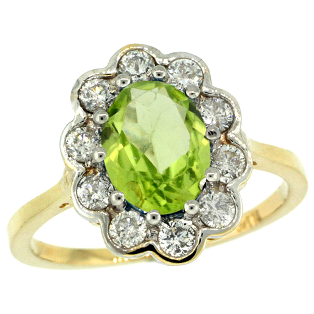 14K YELLOW GOLD HALO PERIDOT ENGAGEMENT RING DIAMOND ACCENTS OVAL 9X7MM SIZES 5-10