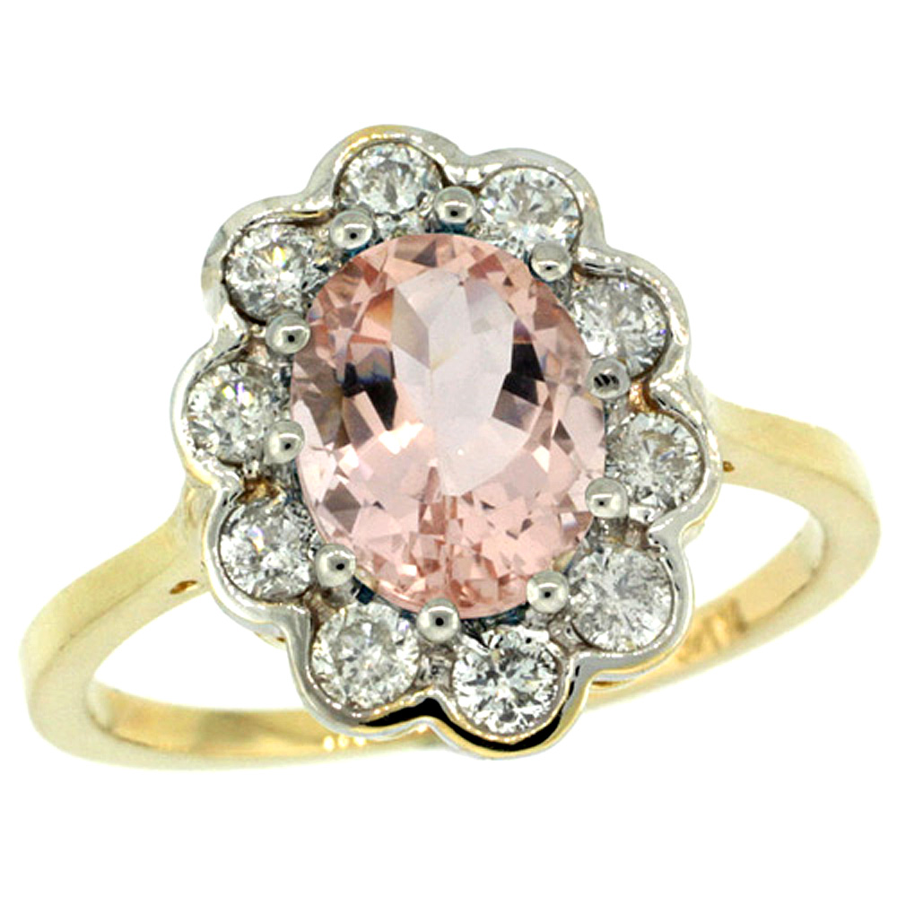 14K YELLOW GOLD HALO MORGANITE ENGAGEMENT RING DIAMOND ACCENTS OVAL 9X7MM SIZES 5-10