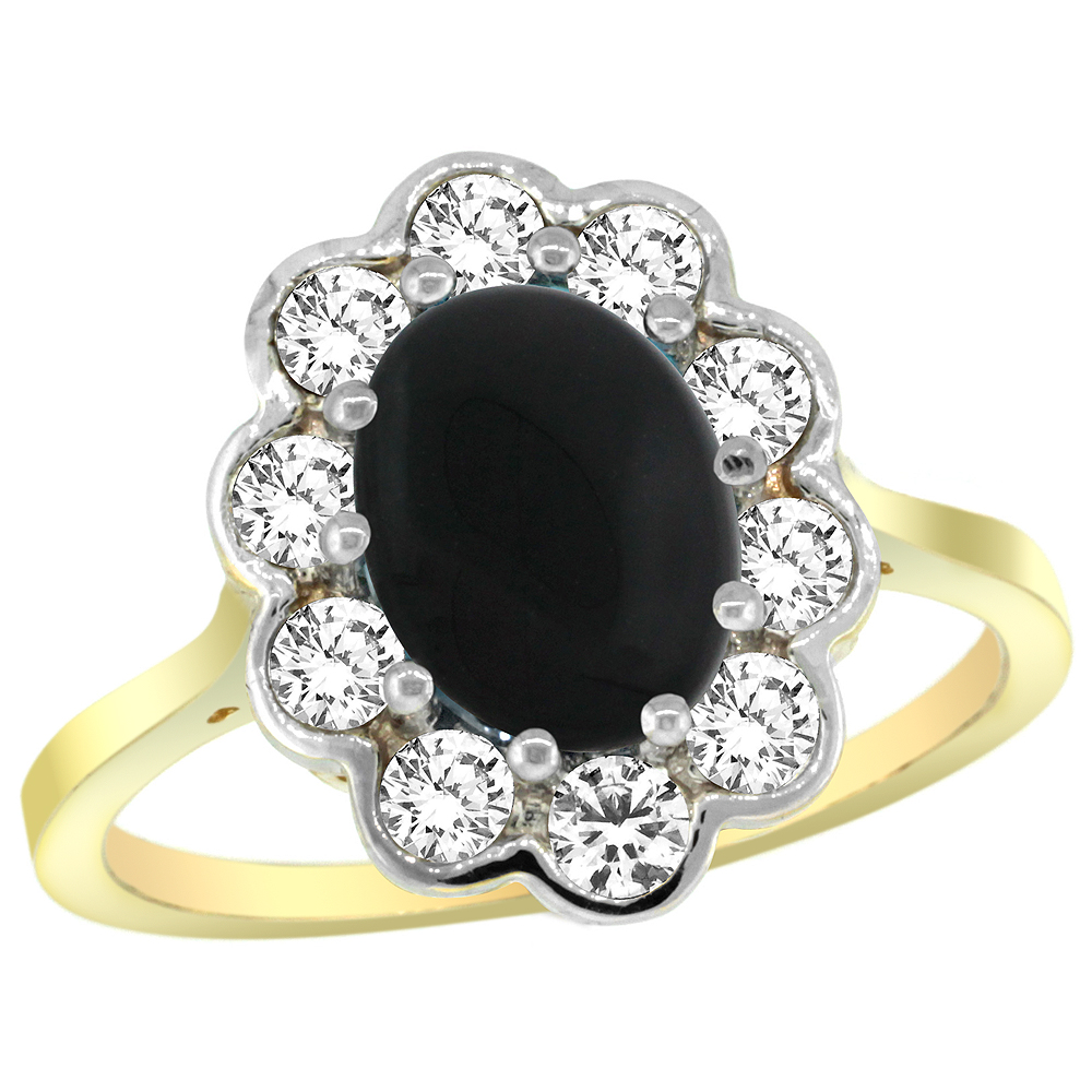 14k Yellow Gold Halo Engagement Black Onyx Engagement Ring Diamond Accents Oval 9x7mm, sizes 5 - 10 
