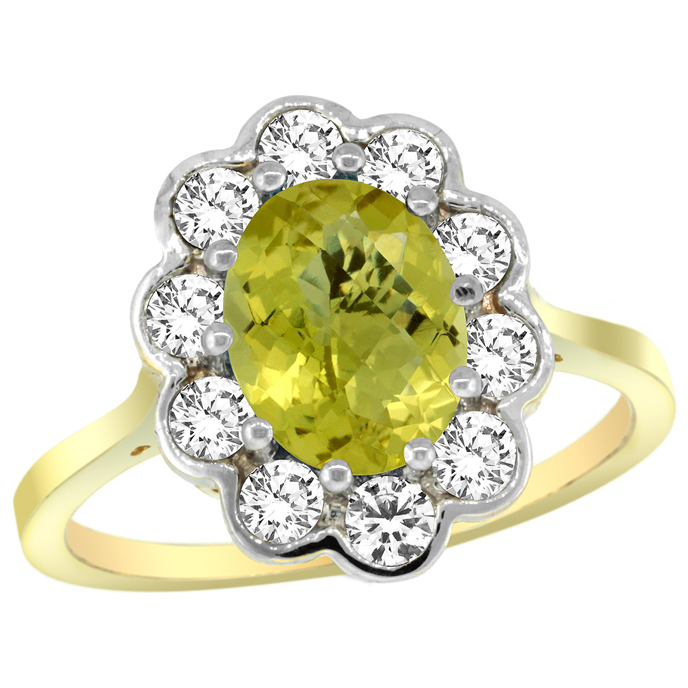 14k Yellow Gold Halo Engagement Lemon Quartz Engagement Ring Diamond Accents Oval 9x7mm, sizes 5 - 10 