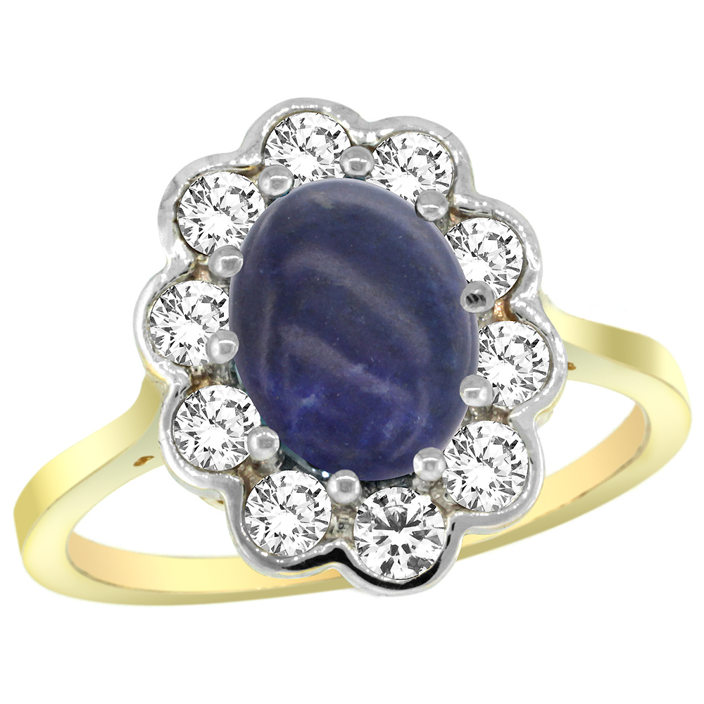 14K YELLOW GOLD HALO LAPIS ENGAGEMENT RING DIAMOND ACCENTS OVAL 9X7MM SIZES 5-10