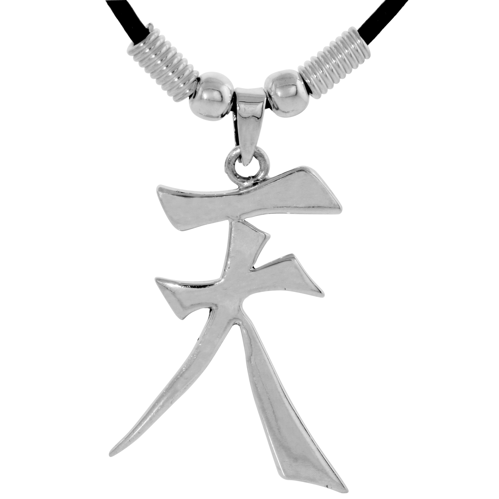 STERLING SILVER CHINESE CHARACTER PENDANT FOR "SKY", 1 1/2" (38 MM) TALL, W/ 18" RUBBER CORD NECKLACE