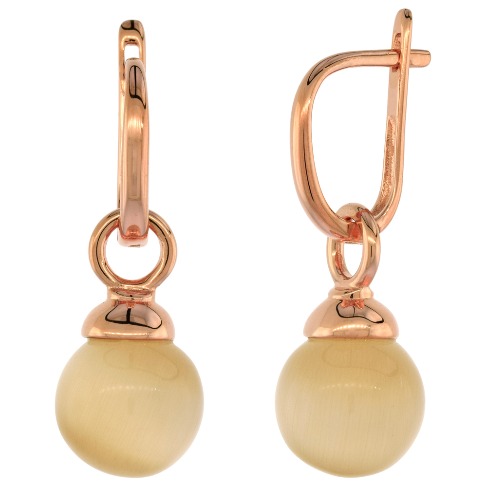 Sterling Silver Synthetic Champagne Cats Eye Ball Rose Gold Plated Lever Back Earrings, 1 5/16 inch long