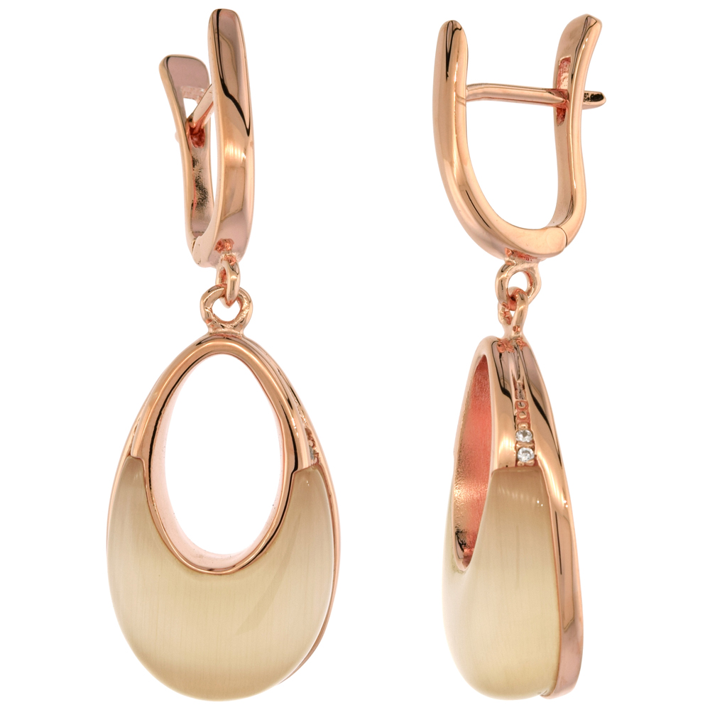 Sterling Silver Synthetic Champagne Cats Eye Round Rose Gold Plated Dangle Earrings Cubic Zirconia Accents, 1 1/2 inch long