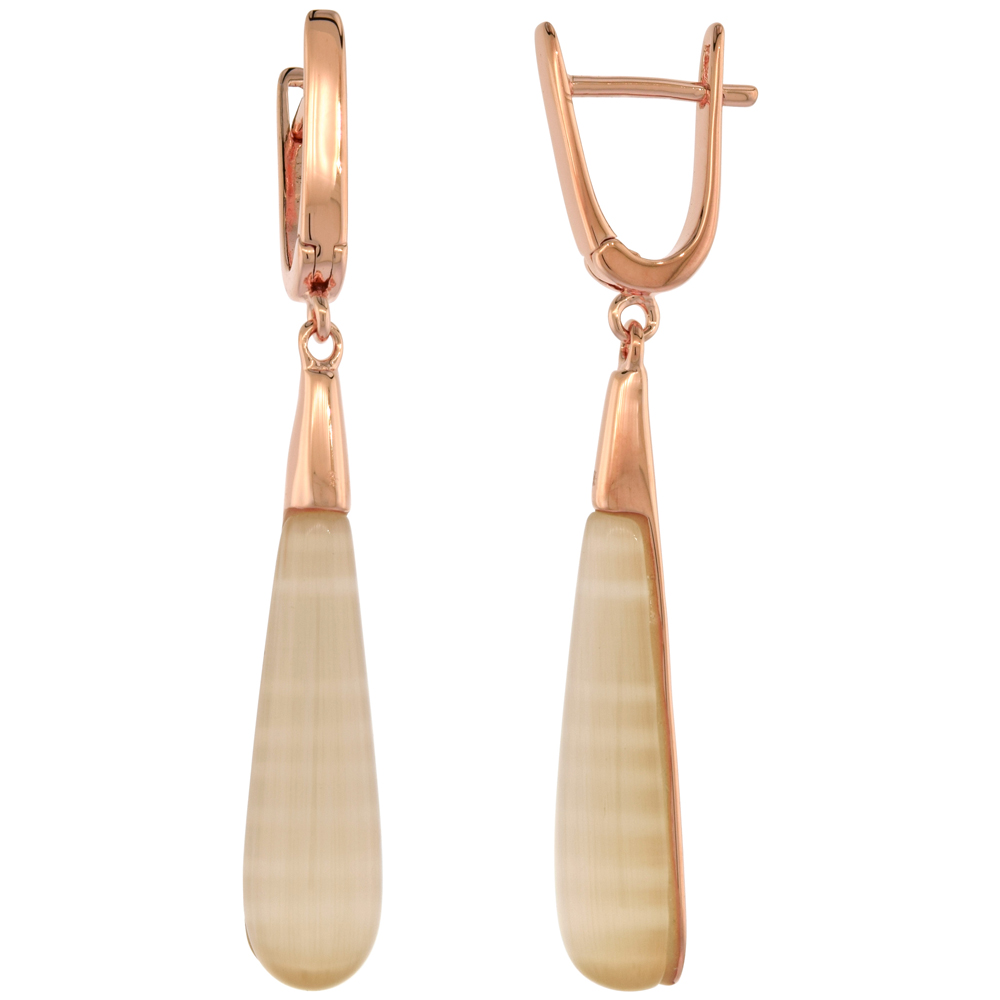 Sterling Silver Synthetic Champagne Cats Eye Elongated Rose Gold Plated Lever Back Earrings, 1 7/8 inch long