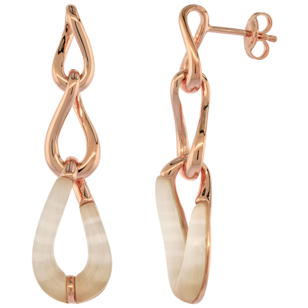 Sterling Silver Synthetic Champagne Cats Eye Graduated Pear Shape Rose Gold Plated Dangle Earrings, 1 1/2 inch long
