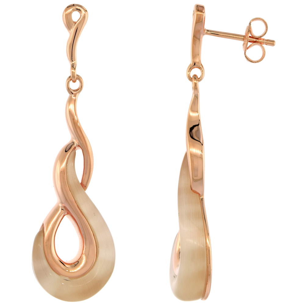 Sterling Silver Synthetic Champagne Cats Eye Eternity Rose Gold Plated Dangle Earrings, 1 9/16 inch long