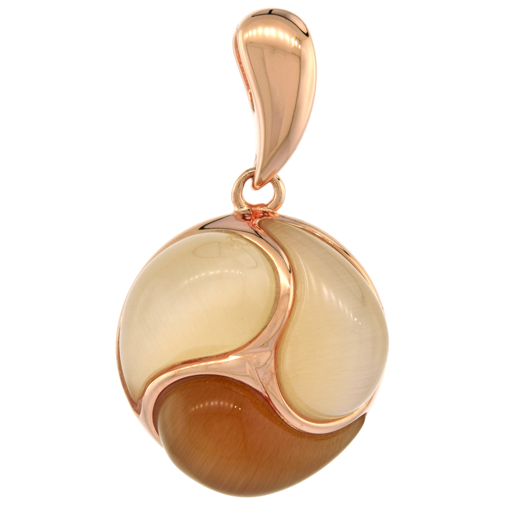 Sterling Silver Synthetic Champagne Cats Eye Round Rose Gold Plated Pendant 3/4 inch wide