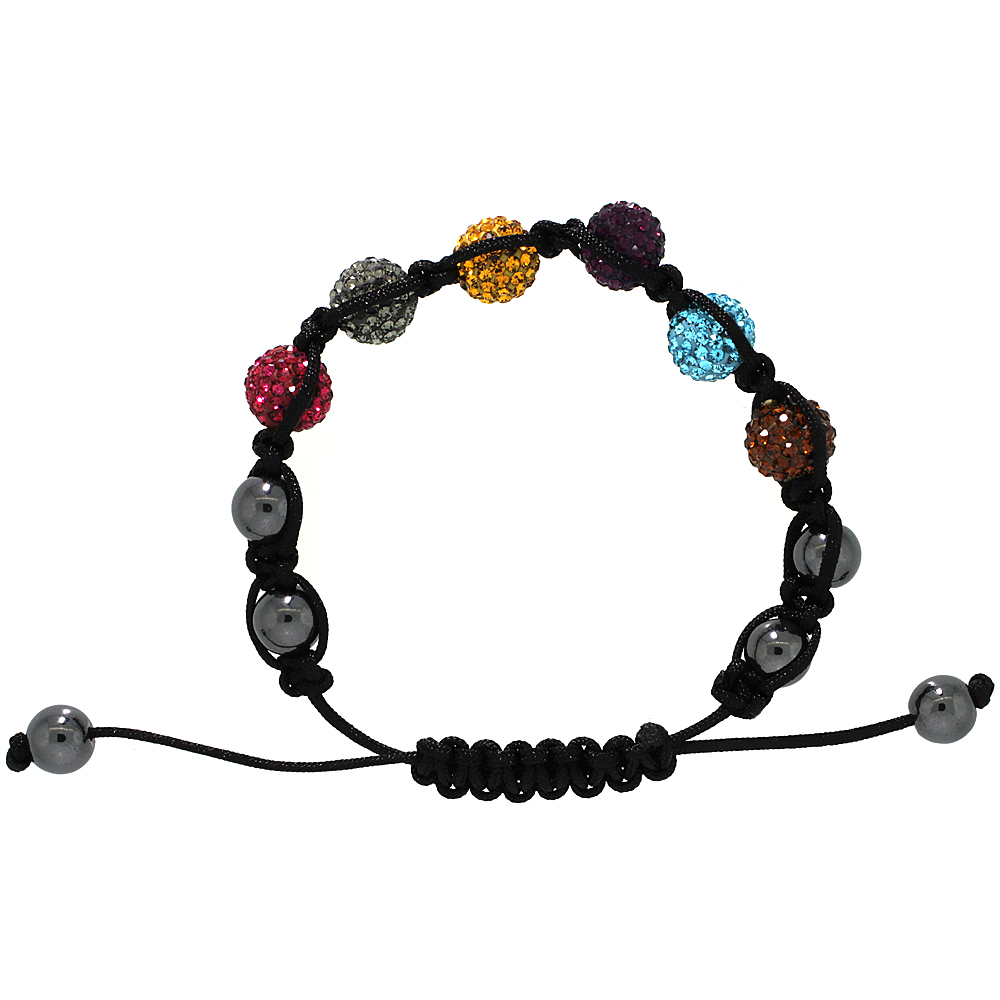 Multi Color Crystal Disco Ball Adjustable Unisex Macrame Bead Bracelet w/ Hematite Beads, 3/8 in. (10 mm) wide