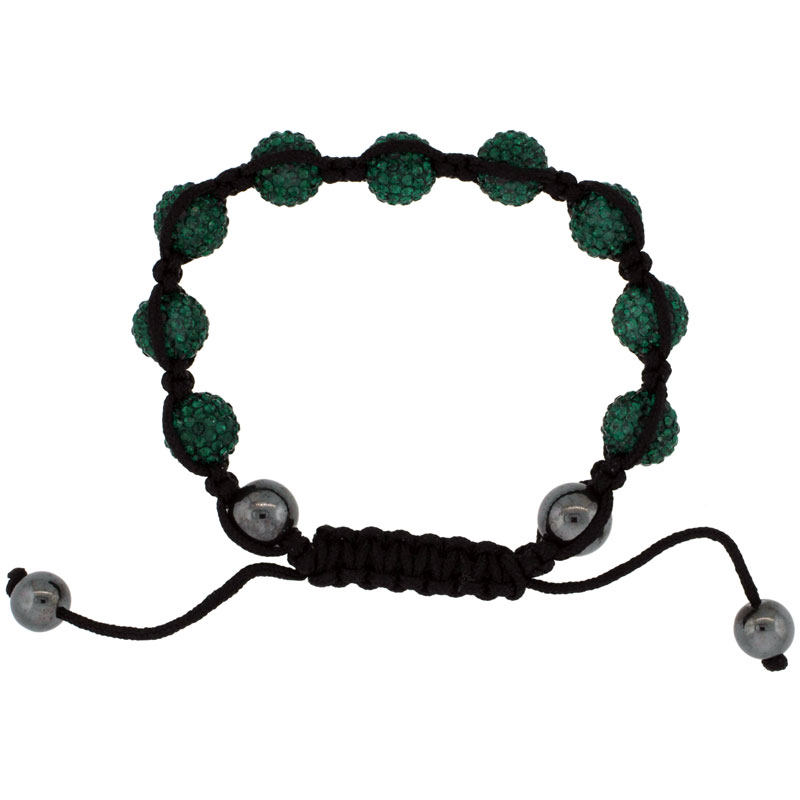 Emerald Green Color Crystal Disco Ball Adjustable Unisex Macrame Bead Bracelet w/ Hematite Beads, 3/8 in. (10 mm) wide