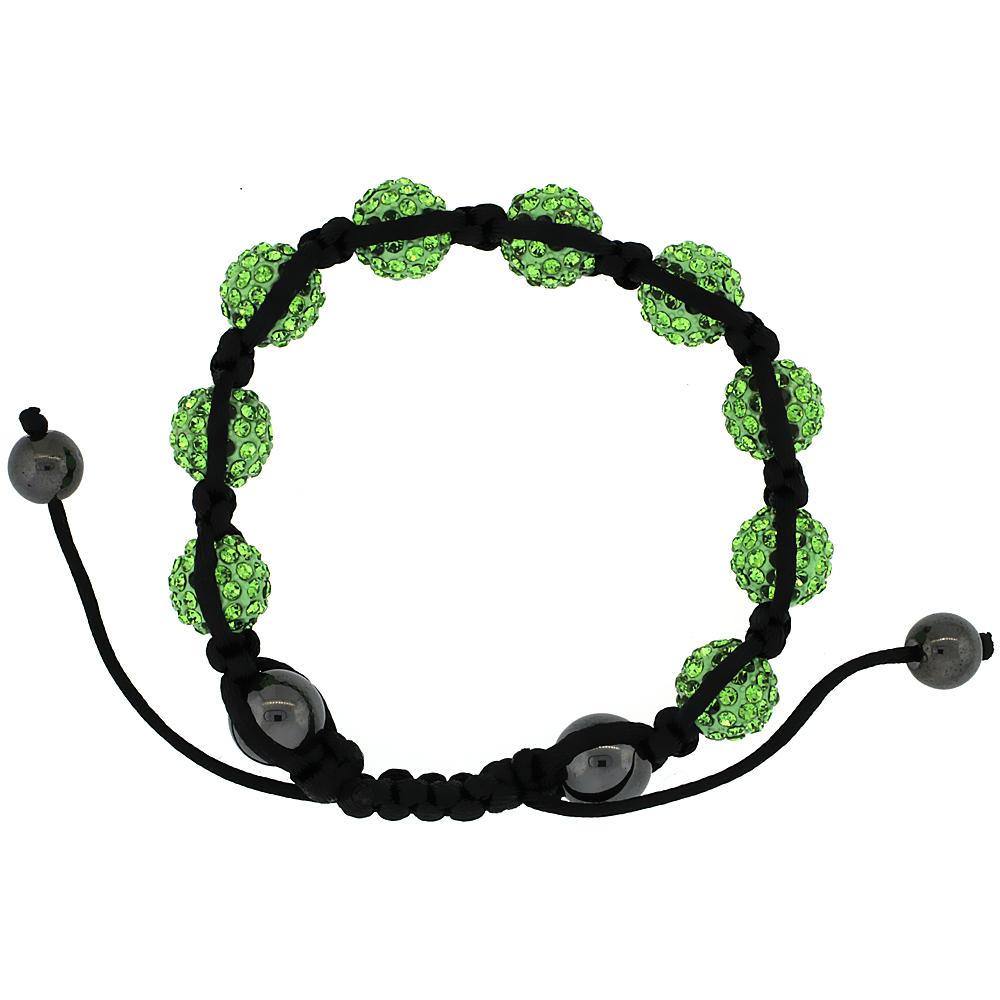 Green Peridot Color Crystal Disco Ball Adjustable Unisex Macrame Bead Bracelet w/ Hematite Beads, 1/2 in. (12.5 mm) wide