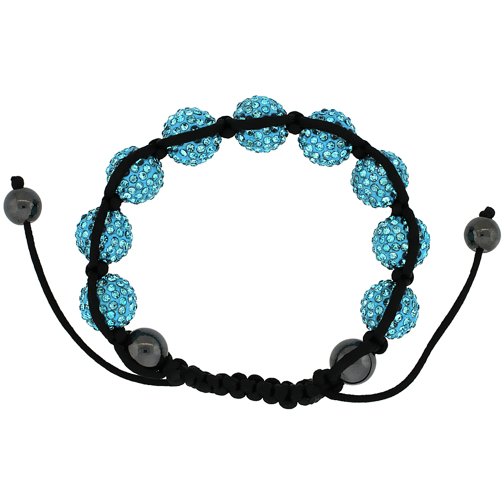 Blue Topaz Color Crystal Disco Ball Adjustable Unisex Macrame Bead Bracelet w/ Hematite Beads, 1/2 in. (12.5 mm) wide