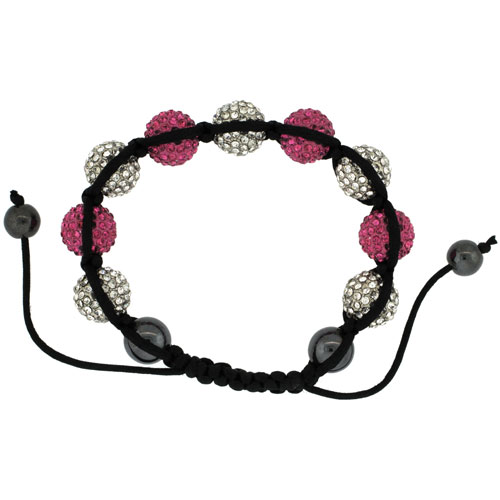 White &amp; Pink Color Crystal Disco Ball Adjustable Unisex Macrame Bead Bracelet w/ Hematite Beads, 1/2 in. (12.5 mm) wide