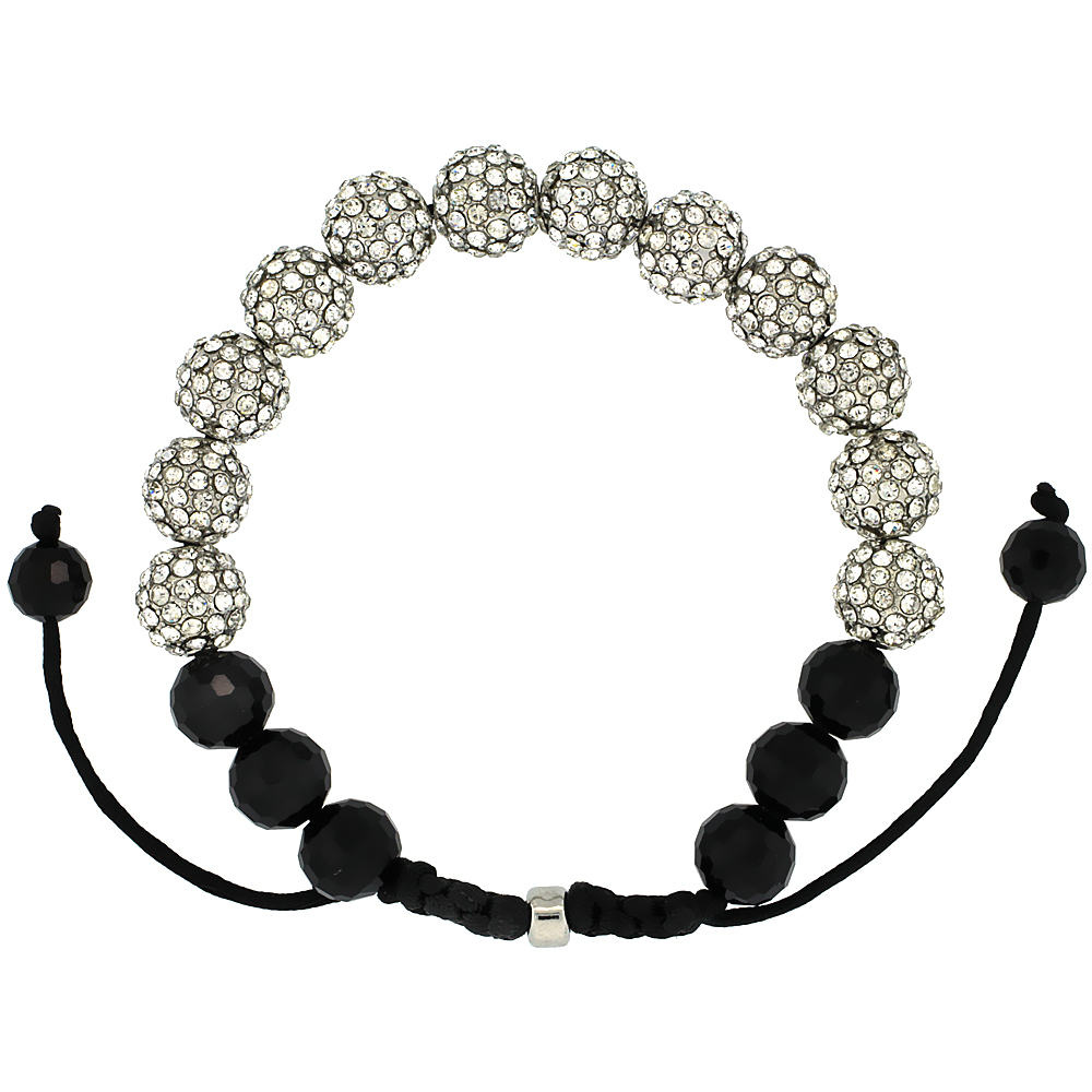White Crystal Disco Ball Adjustable Unisex Macrame Bead Bracelet w/ Faceted Black Beads, 3/8 in. (10 mm) wide