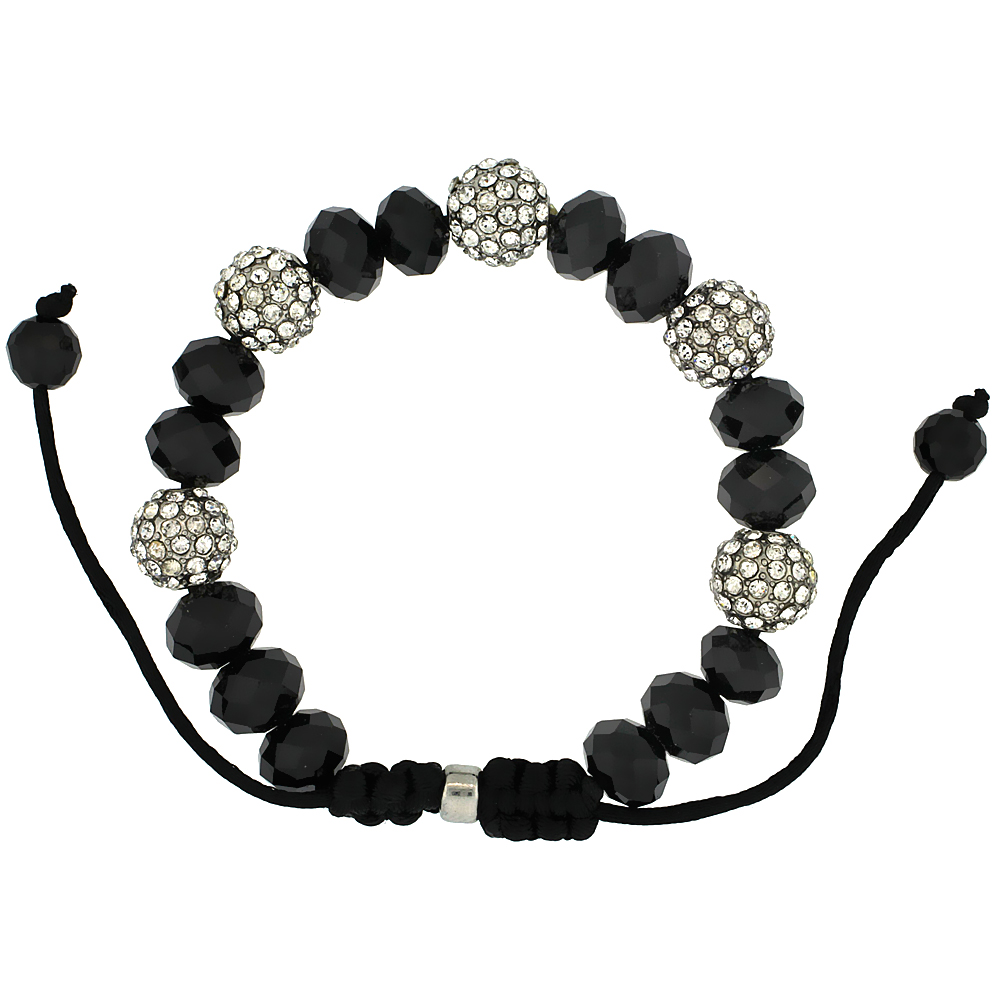 Crystal Disco Ball Adjustable Unisex Macrame Bead Bracelet w/ Faceted Black Beads, 3/8 in. (10 mm) wide
