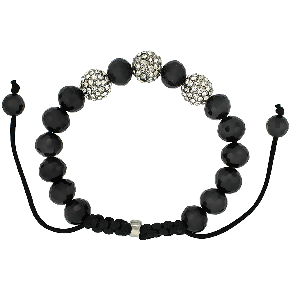 Crystal Disco Ball Adjustable Unisex Macrame Bead Bracelet w/ Faceted Black Beads, 3/8 in. (10 mm) wide