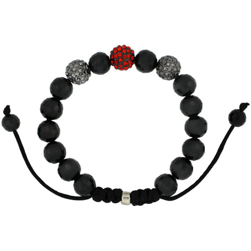 Black &amp; Red Color Crystal Disco Ball Adjustable Unisex Macrame Bead Bracelet w/ Faceted Black Beads, 3/8 in. (10 mm) wide