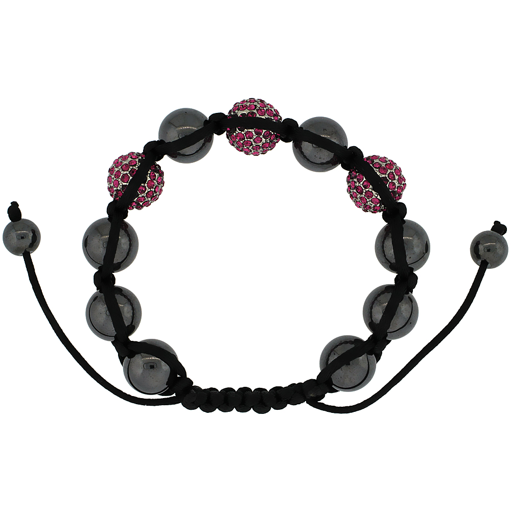Pink Color Crystal Disco Ball Adjustable Unisex Macrame Bead Bracelet w/ Hematite Beads, 1/2 in. (12.5 mm) wide