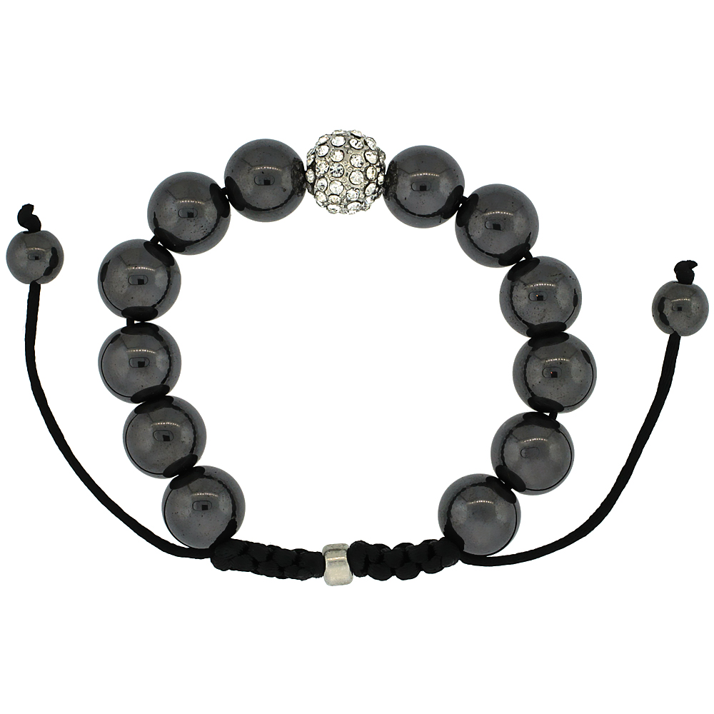 Crystal Disco Ball Adjustable Unisex Macrame Bead Bracelet w/ Hematite Beads, 1/2 in. (12.5 mm) wide