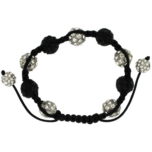 White &amp; Black Crystal Disco Ball Adjustable Unisex Macrame Bead Bracelet 1/2 in. (12.5 mm) wide
