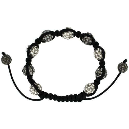 White &amp; Black Crystal Disco Ball Adjustable Unisex Macrame Bead Bracelet 3/8 in. (10 mm) wide