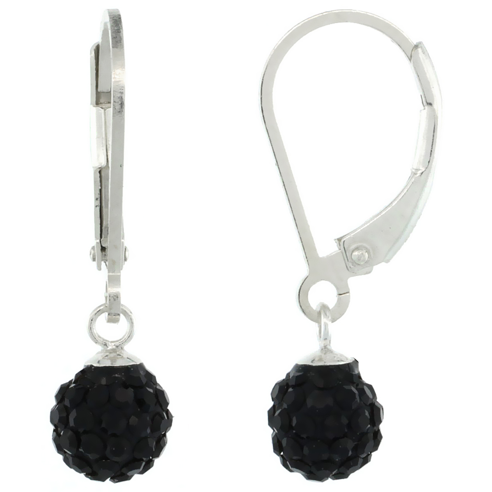 Sterling Silver 6mm Round Black Disco Crystal Ball Lever Back Earrings for Women 7/8 in. 24 mm tall