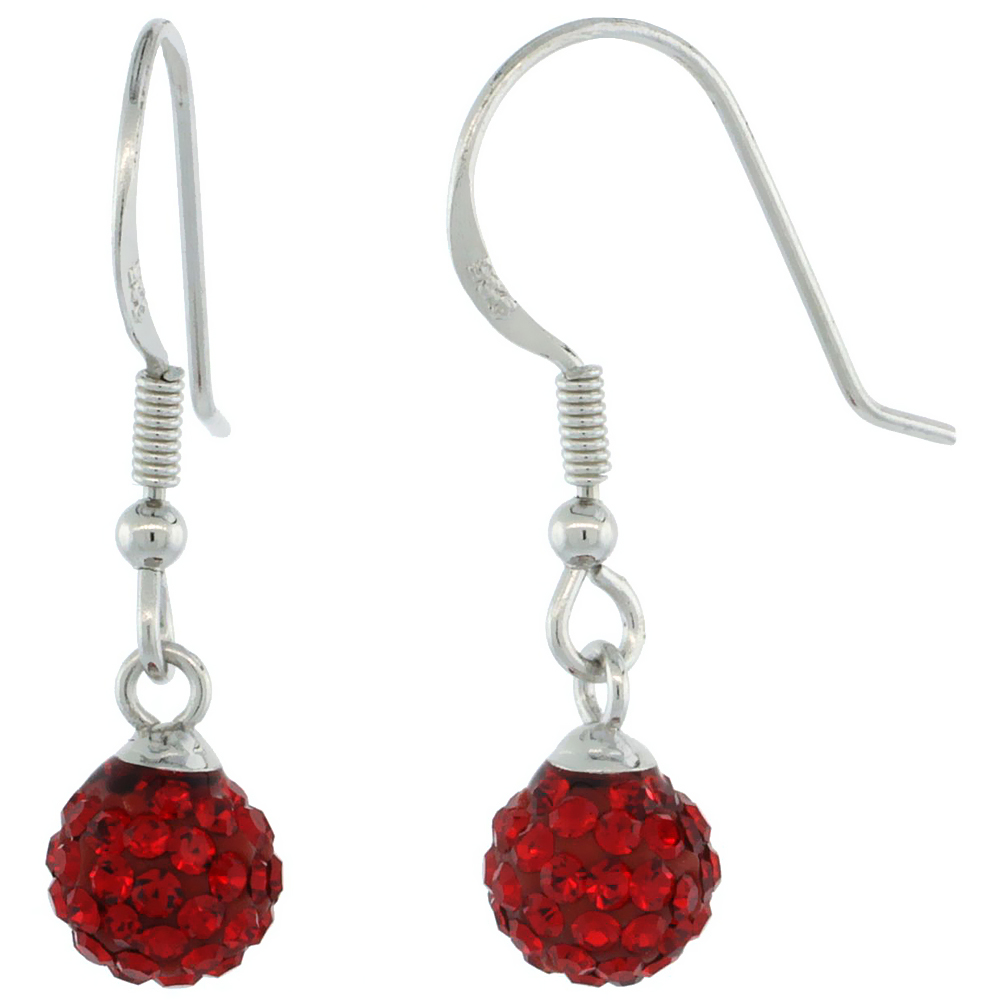 Sterling Silver 6mm Round Red Disco Crystal Ball Fish Hook Earrings for Women July Birthstone 7/8 in. 24 mm tall