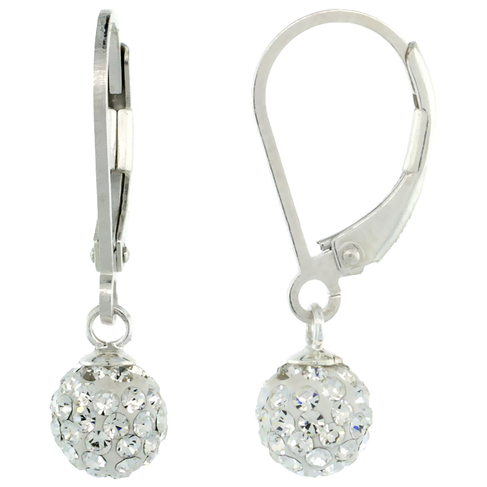 Sterling Silver 6mm Round White Disco Crystal Ball Lever Back Earrings for Women April Birthstone 7/8 in. 24 mm tall