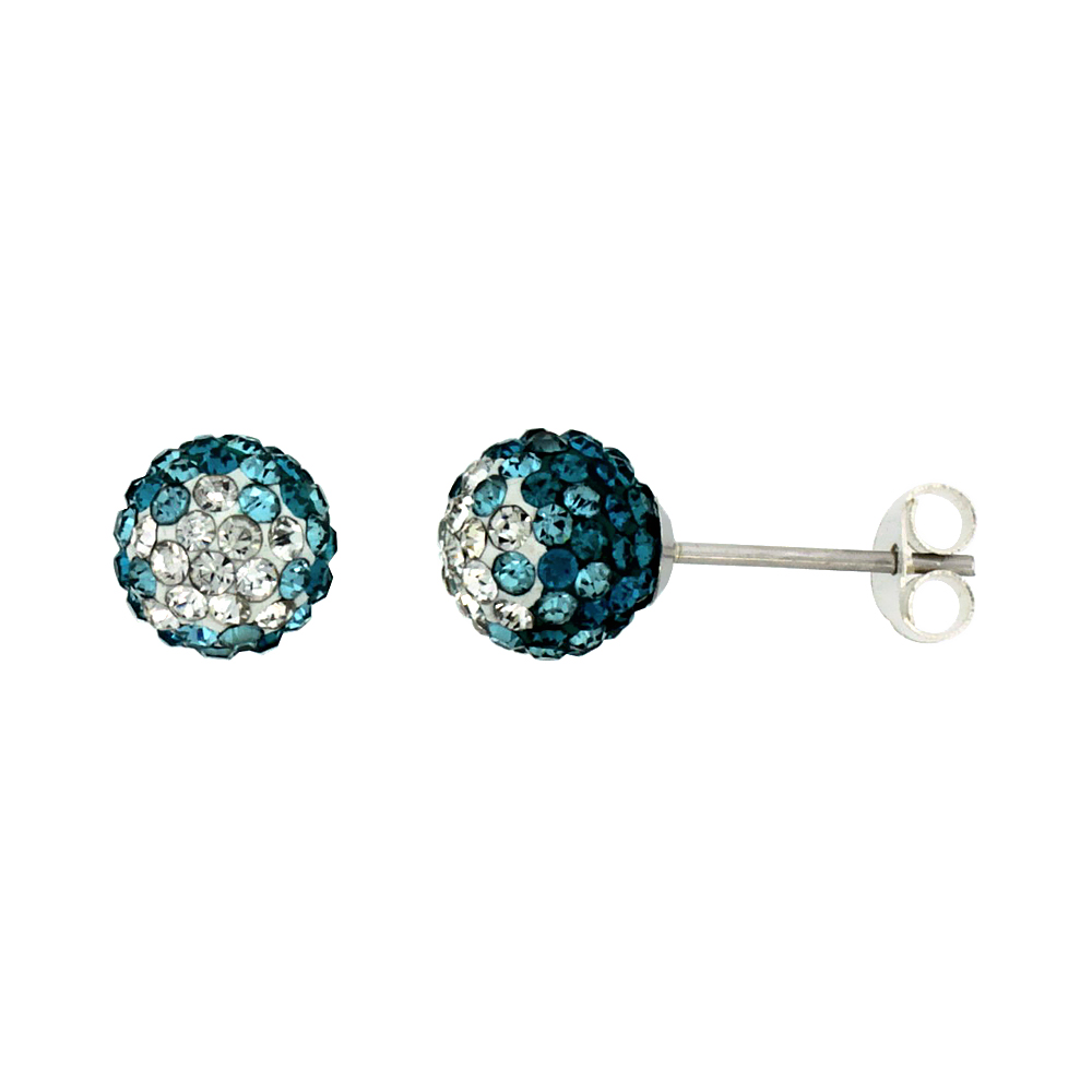 STERLING SILVER CRYSTAL DISCO BALL STUD EARRINGS CLEAR & BLUE-GREEN COLOR 6MM ROUND