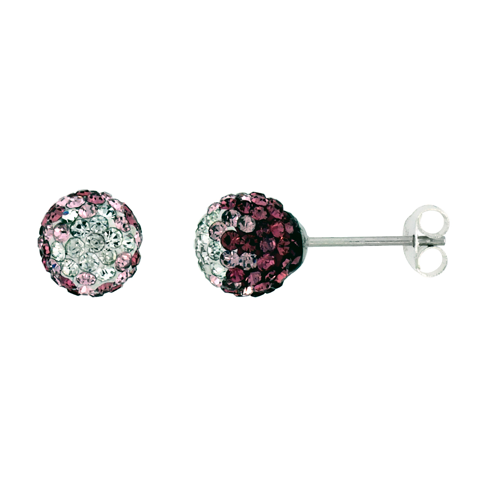 Sterling Silver Crystal Disco Ball Stud Earrings 8mm Round Clear &amp; Pink Color