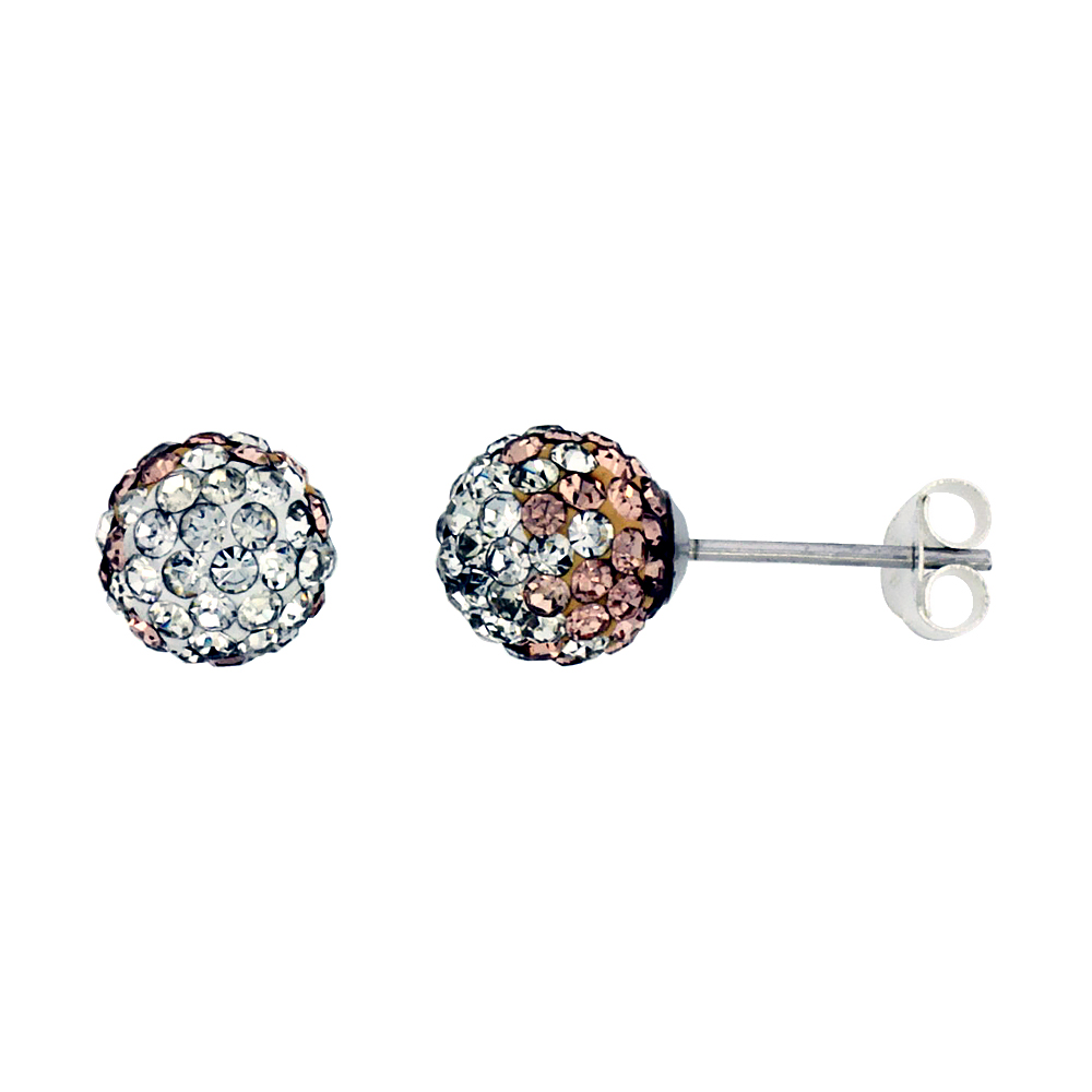 STERLING SILVER CRYSTAL DISCO BALL STUD EARRINGS 8MM ROUND CLEAR & PEACH COLOR