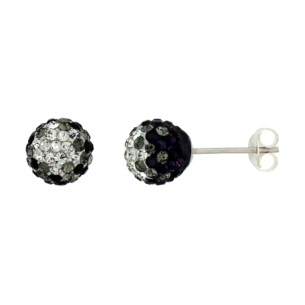 Sterling Silver Crystal Disco Ball Stud Earrings 8mm Round Clear & Black