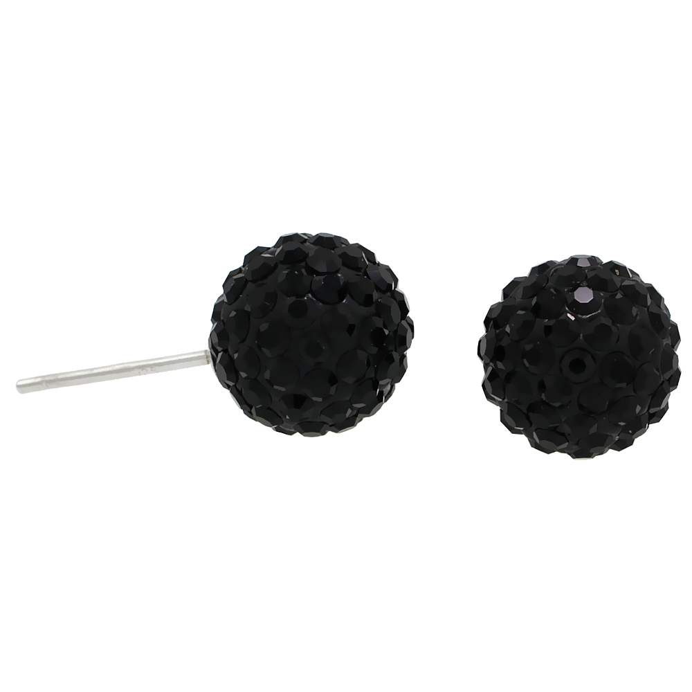 STERLING SILVER 10MM ROUND BLACK DISCO CRYSTAL BALL STUD EARRINGS